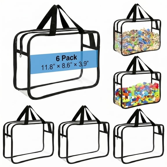 6-Pack Clear Toy Storage Bags Large PVC Waterproof Organizer for Building Blocks, Puzzles & Kids Books, 11.8" Travel Tote