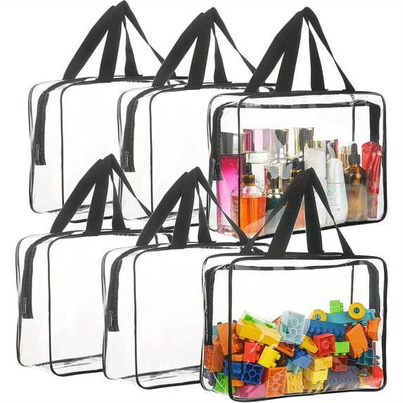 6 Packs Large Toy Storage Bags with Zipper, Plastic Toy Storage Bag with Labels Building Blocks, Travel Waterproof Organizer Bags Puzzles, Cosmetics, Stationery