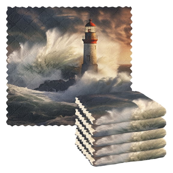 6 Packs Lighthouse and Violent Waves Kitchen Dish Towels Soft Absorbent Dish Cloths 11"x11"