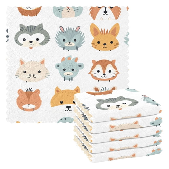 6 Packs Lion Donkey Cat Rabbit Face Kitchen Dish Towels Soft Absorbent Dish Cloths 11"x11"