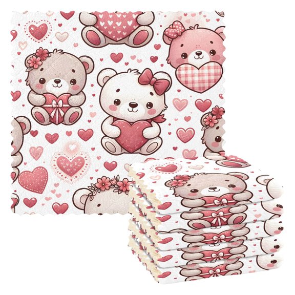 6 Packs Lovely Bear with Heart Kitchen Dish Towels Soft Absorbent Dish Cloths 11"x11"