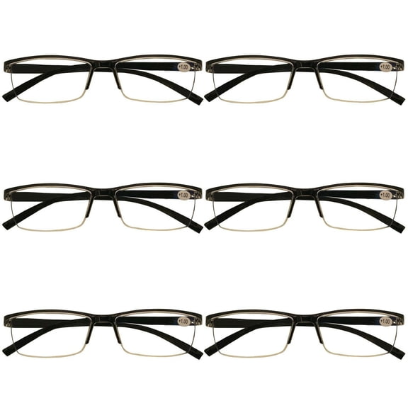 6 Packs Mens Rectangle Half Frame Reading Glasses Blue Light Blocking Black Spring Hinge Readers +1.25