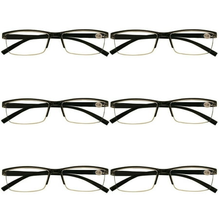 6 Packs Mens Rectangle Half Frame Reading Glasses Blue Light Blocking Black Spring Hinge Readers +2.50