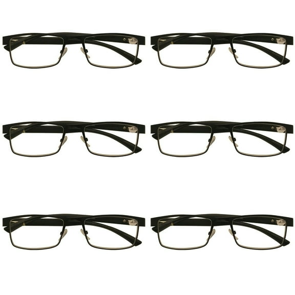 6 Packs Mens Rectangle Metal Frame Reading Glasses Black Spring Hinge Readers +1.00
