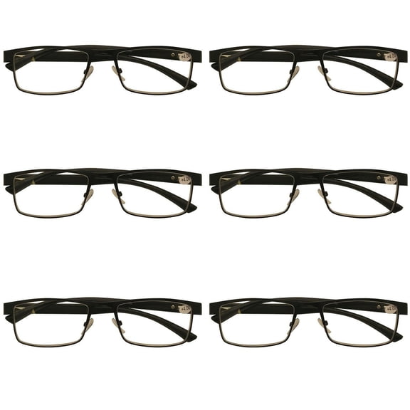 6 Packs Mens Rectangle Metal Frame Reading Glasses Black Spring Hinge Readers +1.25