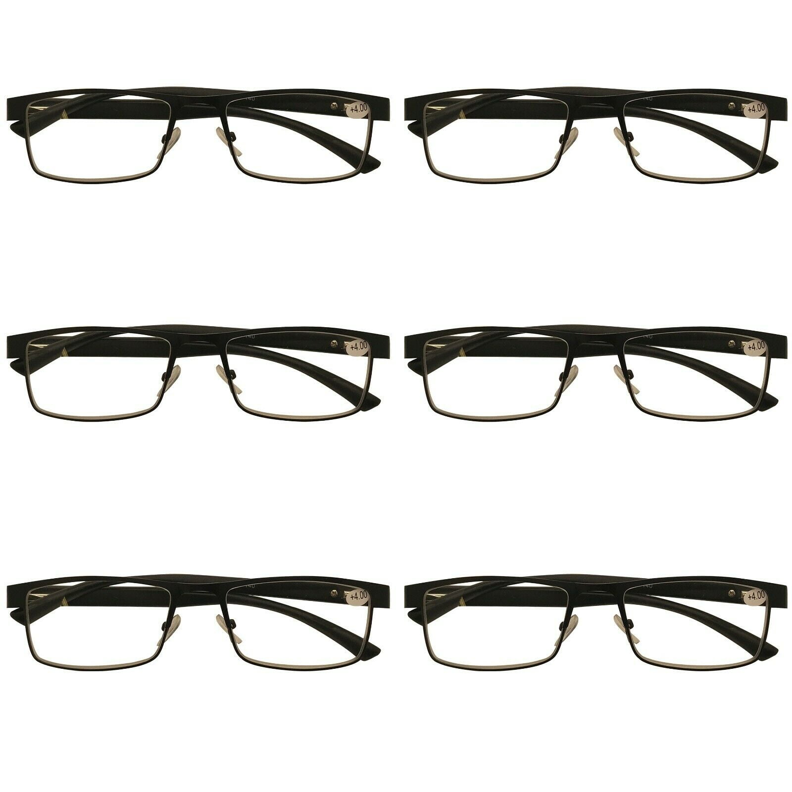 6 Packs Mens Rectangle Metal Frame Reading Glasses Black Spring Hinge Readers +2.25