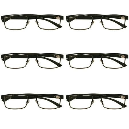 6 Packs Mens Rectangle Metal Frame Reading Glasses Black Spring Hinge Readers +2.75