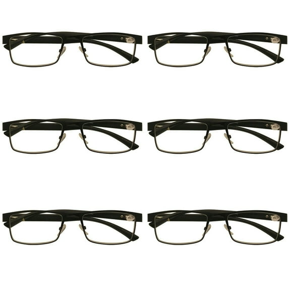 6 Packs Mens Rectangle Metal Frame Reading Glasses Black Spring Hinge Readers +3.00