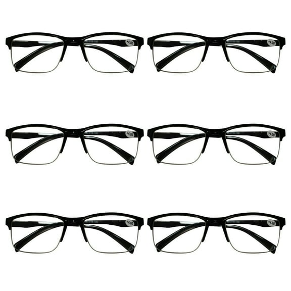 6 Packs Mens Unisex Half Frame Square Reading Glasses Black Spring Hinge Readers +2.50