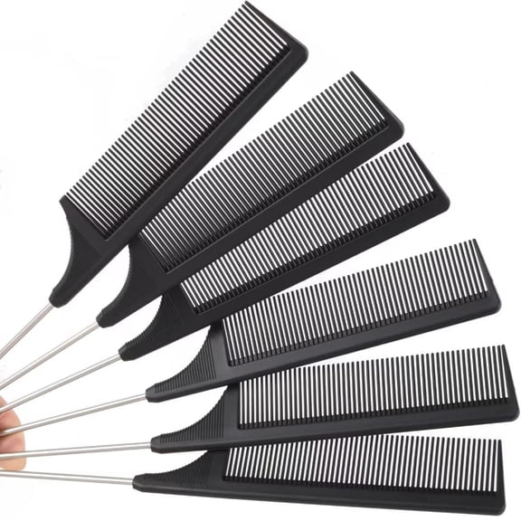 6 Packs Metal Rat Tail Combs For Hair Stylist Stainless Steel Pin Rat Tail Comb For Women Heat Resistant Carbon Tail Combs For Parting,Fine Tooth Styling Comb(6pcs,black)