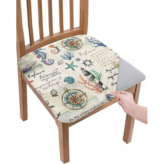 6 Packs Nautical Anchor Seat Covers for Dining Chairs,Stretch Fitted Chair Seat Protectors Decorative Office Computer Desk Chair Cushion Removable Slipcovers,Coastal Beach Seahorse Sailboat Off White