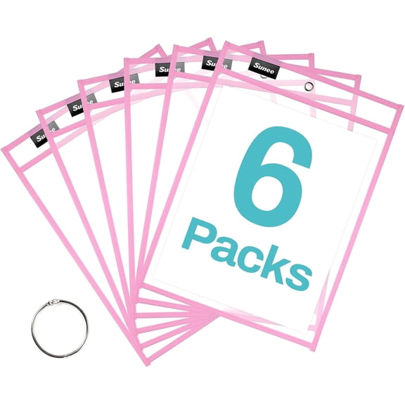 6 Packs Oversized Reusable Dry Erase Pocket Sleeves with Ring, Pink 10x14 Ticket Holders, Clear Plastic Sheet Protectors, Teacher School Classroom Supplies