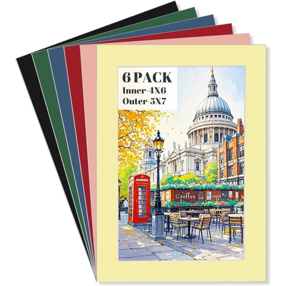 6 Packs Picture Frame Mats, Acid-Free PreCut 5x7 Mat, Colored Paper Frames, 5x7 Picture Mats for 4x6 Photos, Core Bevel Cut Mat Board Set for Wall Decor, Artworks, Prints
