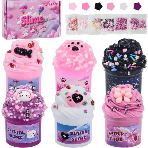 6 Packs Pink Slime Kit - 420ml Cloud & Butter & Clear Slime with Cartoon Add-ins Birthday Halloween Christmas Easter Gifts Party Favors