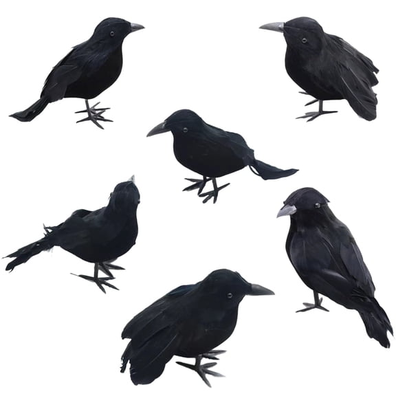 6 Packs Real Feathered Halloween Black Crows, Artificial Handmade Feathered Raven Feathers Halloween Raven Black Birds for Yard Tree Garden Patio Indoor Outdoor Halloween Decorations
