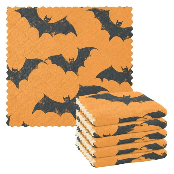6 Packs Retro Bats on Orange Kitchen Dish Towels Soft Absorbent Dish Cloths 11"x11"