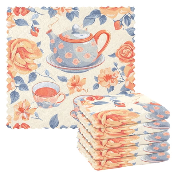 6 Packs Rose Flower Teacup Teapot Leaf Kitchen Dish Towels Soft Absorbent Dish Cloths 11"x11"