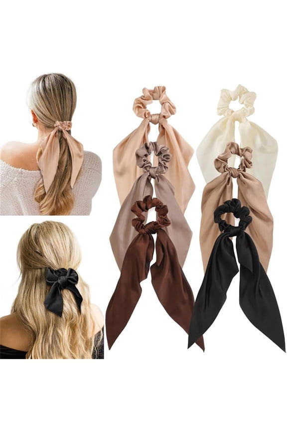 6 Packs Scarf Scrunchies, Hair Scarf Scarves, Satin Silk Long Tails Scrunchy, Bowknot Hair Bands, Elastics Ponytail Holder, Donut Hair Ties for Women Girls (six different colors