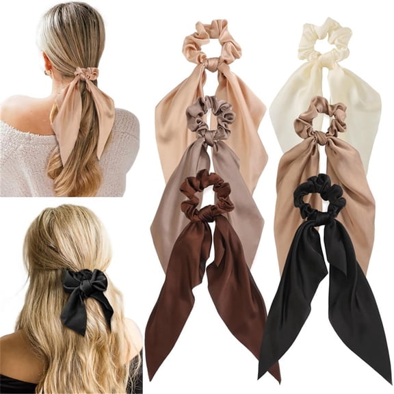 6 Packs Scarf Scrunchies, Hair Scarf Scarves, Satin Silk Long Tails Scrunchy, Bowknot Hair Bands, Elastics Ponytail Holder, Donut Hair Ties for Women Girls (six different colors