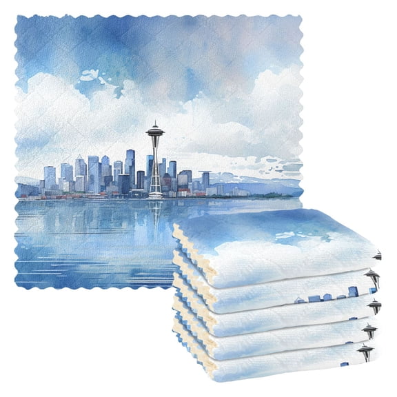 6 Packs Seattle Skyline and Cloud Kitchen Dish Towels Soft Absorbent Dish Cloths 11"x11"