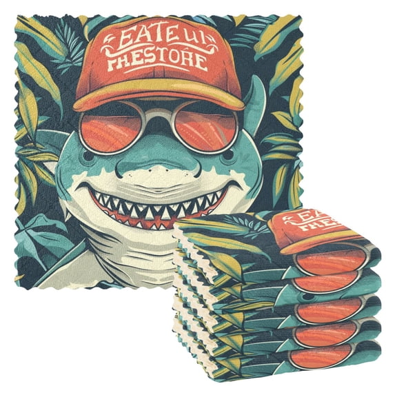 6 Packs Shark with Hat and Sunglasses Kitchen Dish Towels Soft Absorbent Dish Cloths 11"x11"