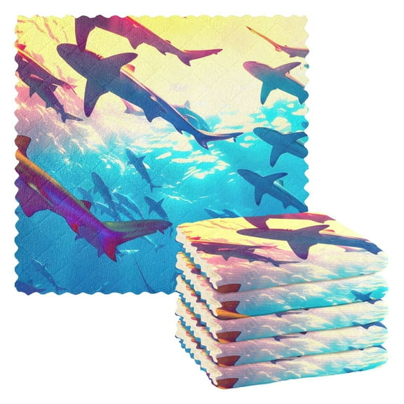 6 Packs Sharks Underwater Kitchen Dish Towels Soft Absorbent Dish Cloths 11"x11"