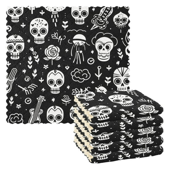 6 Packs Skeleton Skull Guitar Rose Kitchen Dish Towels Soft Absorbent Dish Cloths 11"x11"
