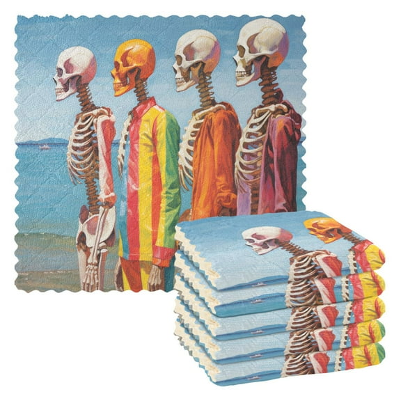 6 Packs Skeleton on Beach Kitchen Dish Towels Soft Absorbent Dish Cloths 11"x11"