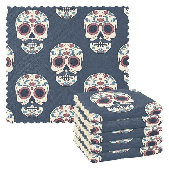 6 Packs Skull with Mustache Kitchen Dish Towels Soft Absorbent Dish Cloths 11"x11"