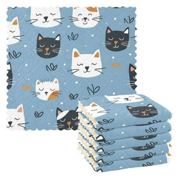 6 Packs Sleeping Cat Faces Kitchen Dish Towels Soft Absorbent Dish Cloths 11"x11"