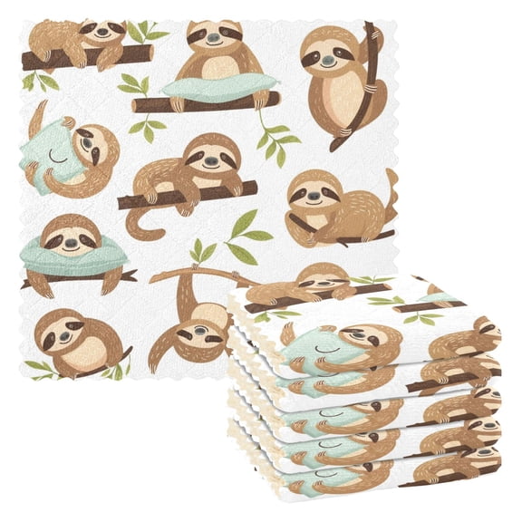 6 Packs Sloths with Branch and Leaf Kitchen Dish Towels Soft Absorbent Dish Cloths 11"x11"