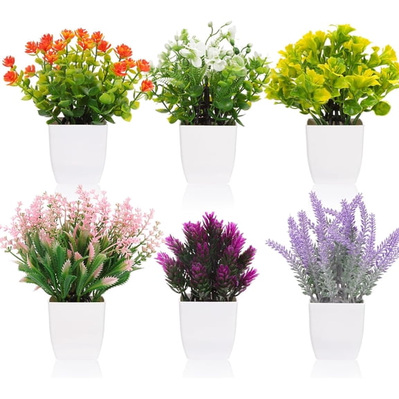 6 Packs Small Fake Flower Plants in Pots Mini Artificial Faux Plants for Home Bathroom Office Indoor Decoration