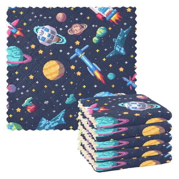 6 Packs Space Stars Planet Rocket Kitchen Dish Towels Soft Absorbent Dish Cloths 11"x11"