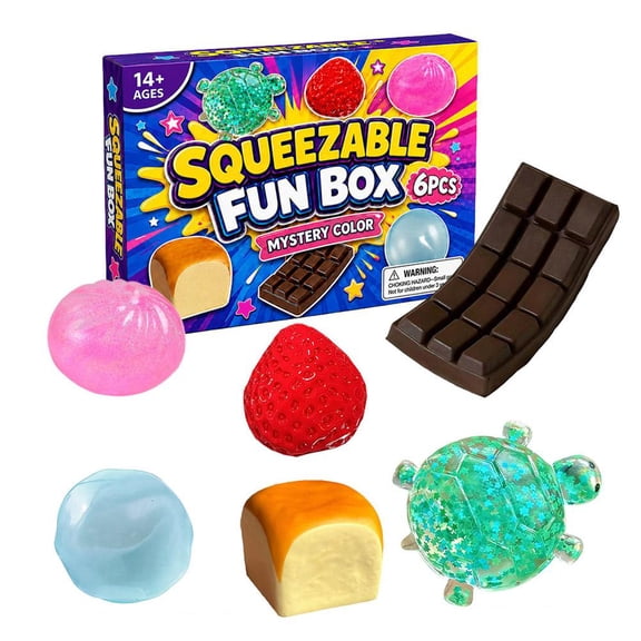 6 Packs Squishies Box Set, Soft Stress Relief Fidget, Sensory Squish Bundle with 6 Unique Styles, Creative Blind Box Kit for Daily Relax & Party Present