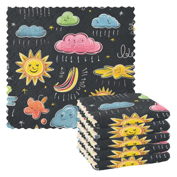 6 Packs Sun and Raining Clouds Kitchen Dish Towels Soft Absorbent Dish Cloths 11"x11"