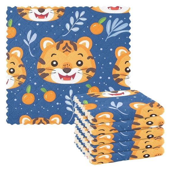 6 Packs Tiger Face and Persimmon Kitchen Dish Towels Soft Absorbent Dish Cloths 11"x11"