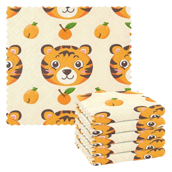 6 Packs Tiger Face with Persimmon Kitchen Dish Towels Soft Absorbent Dish Cloths 11"x11"
