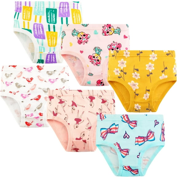 Toddler Girls Cotton Underwear by Ingzy - 6-Pack Cute Printed Kids Undies, Soft Comfortable Panties for 2-7 Years Old