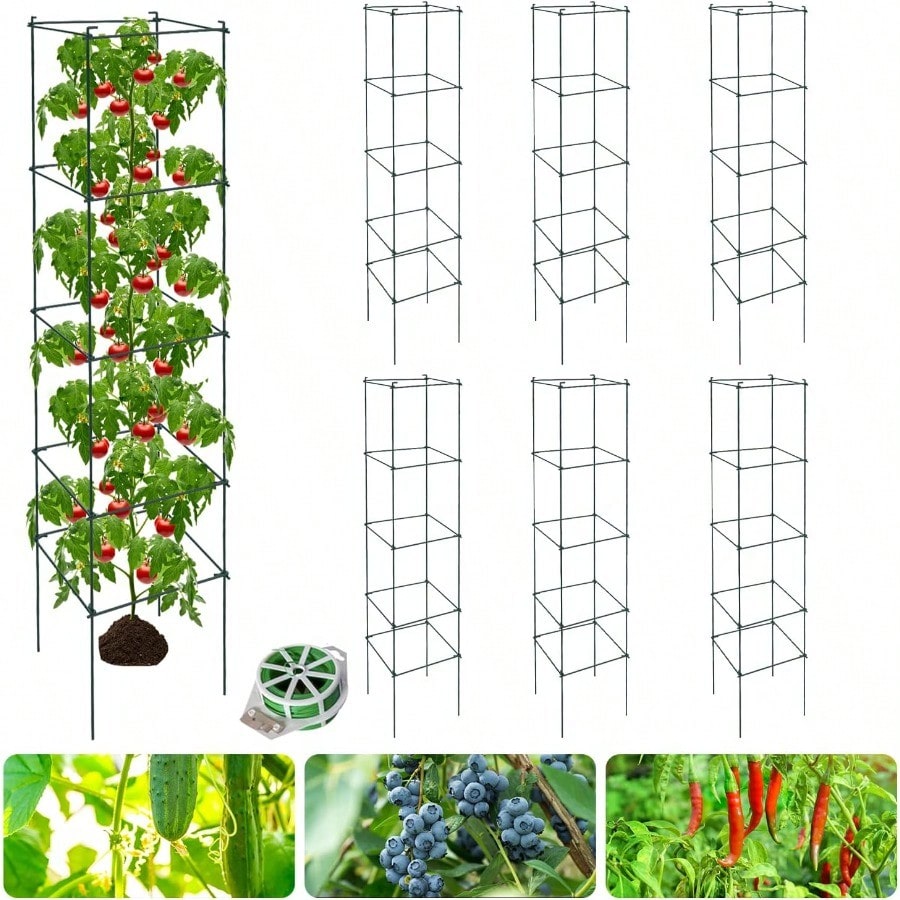 6 Packs Tomato Cages for Garden 12×12×56 Plant port Cage with Different Spacing Green Metal Trellis for Climbing Plants Like Cucumber Flowers