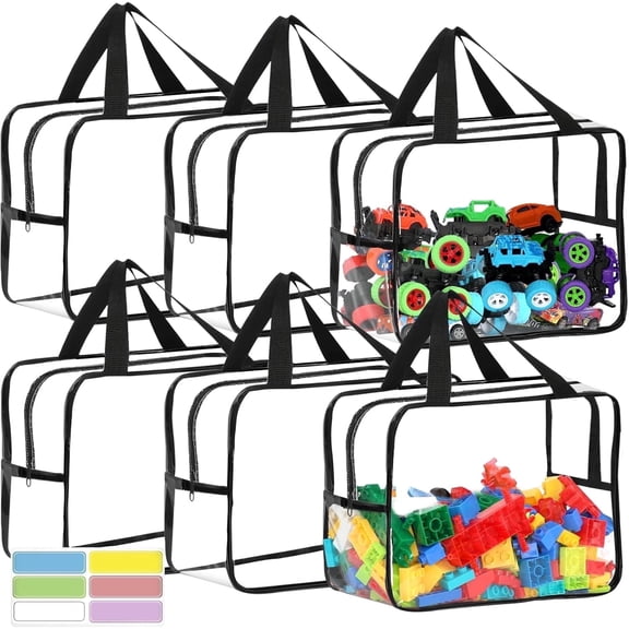 6 Packs Toy Storage Bags with Labels, 11.8x8.7x3.9In Large PVC Reusable Clear Board Game Storage with Zipper, Travel Waterproof Organizer Bags for Building Blocks, Puzzle, Books, Stationery