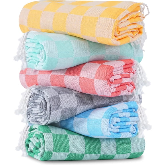 6 Packs Turkish Beach Towel Blanket Set Pool Bath Towels Bulk Multipack Travel Sand Free Quick Dry Extra Large Oversized Cute Big Cotton Soft Lightweight Compact Checkered Proof Cloud Men Women Adult