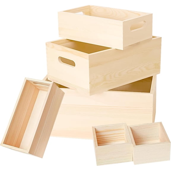 6 Packs Unfinished Wooden Box 5 Sizes Natural Handles Wood Boxes Storage Organizer Container Craft Box Nesting Treasure Wood Crate for Crafts,Decoration, Storage,Organizer