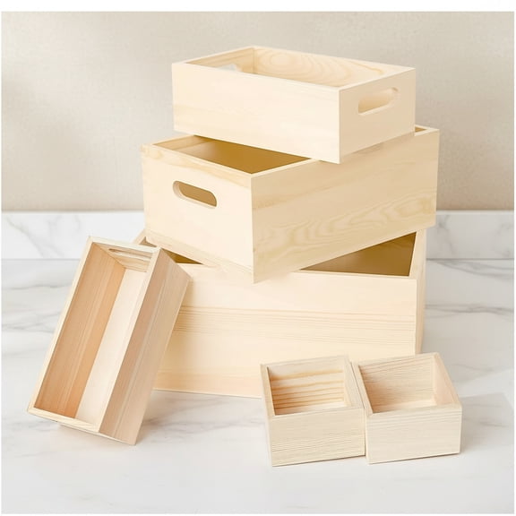 6 Packs Unfinished Wooden Box Natural Handles Wood Boxes Storage Organizer Container Craft Box Nesting Treasure Wood Crate for Crafts, Decoration, Storage, Organizer