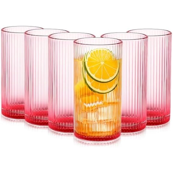 6 Packs Valentine's Pink Highball Glasses Pink Ribbed Drinking Glasses 12 oz Fluted Highball Wine Cups Bar Glassware Set for Juice, Water, Beer, Cocktails, Beverages, and Iced Tea