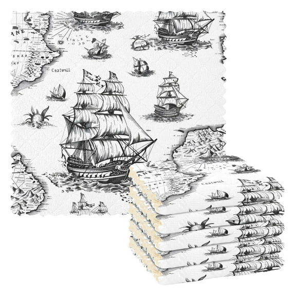 6 Packs Vintage Sailboats on Map Kitchen Dish Towels Soft Absorbent Dish Cloths 11"x11"