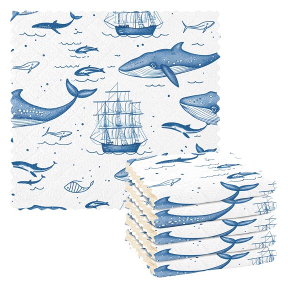 6 Packs Whales Boats Fish Kitchen Dish Towels Soft Absorbent Dish Cloths 11"x11"