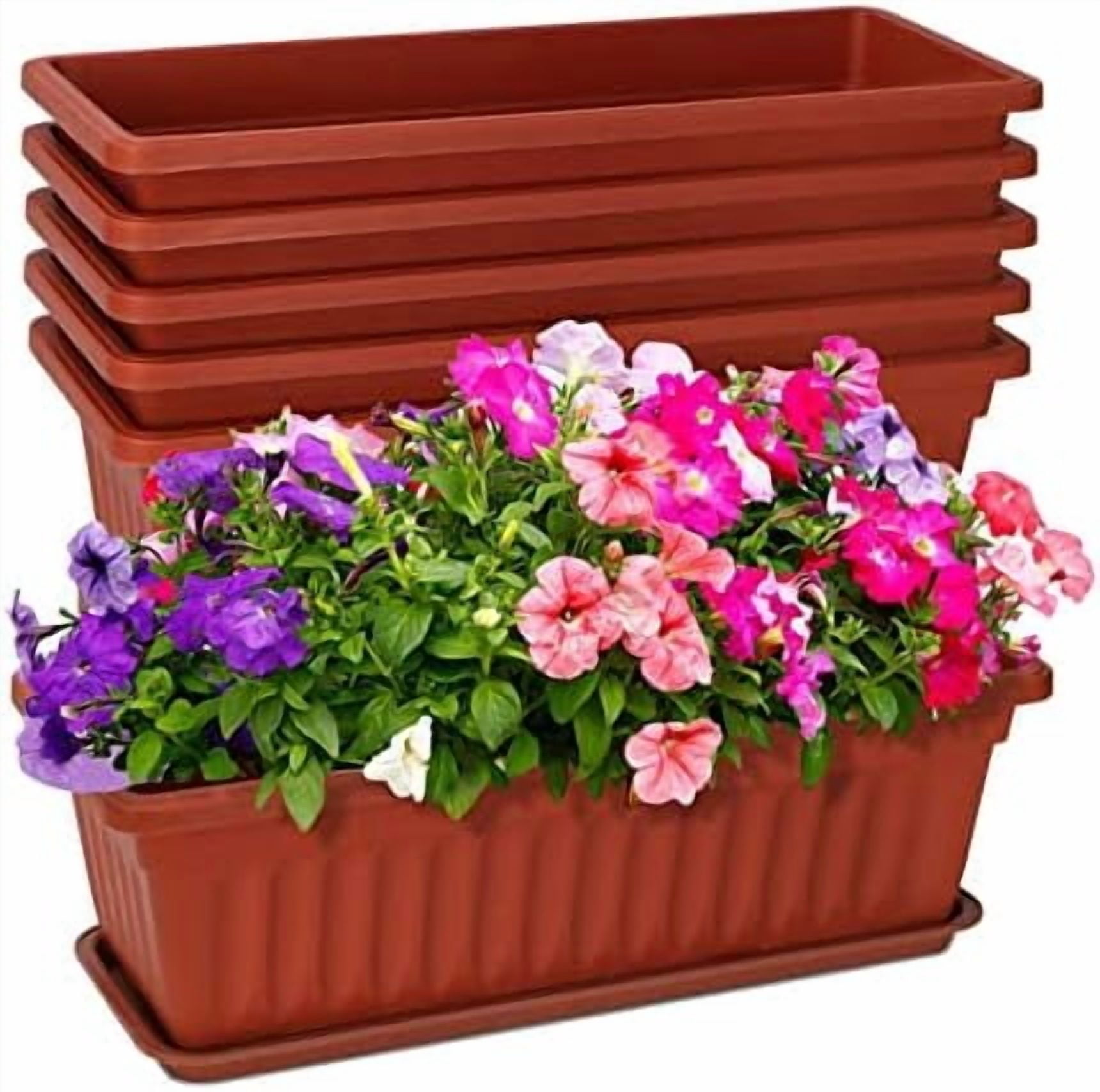 6 Packs Window Box Planter, 17 Inches Flower Window Box Rectangular Plastic Vegetable Planters with Trays for Windowsill, Patio, Garden, Balcony, Brick Red