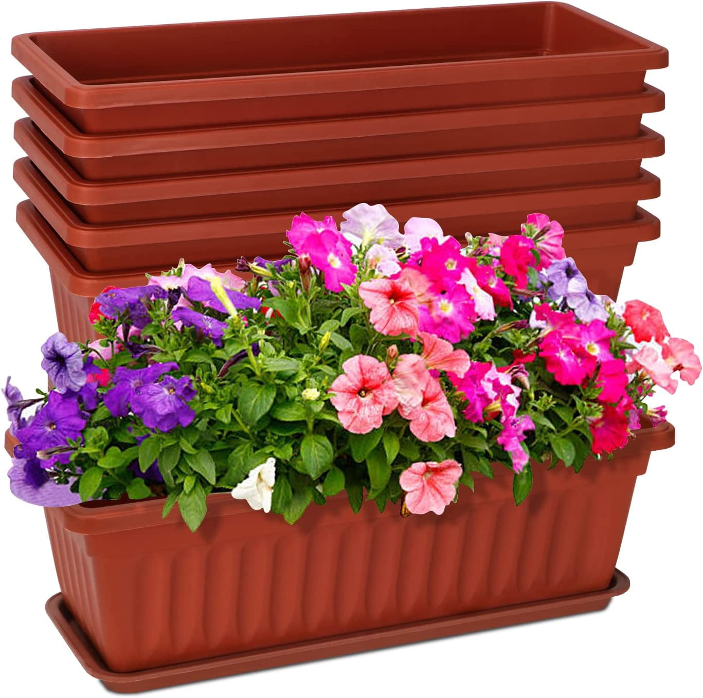 6 Packs Window Box Planter, 17 Inches Flower Rectangular Plastic Vegetable Planters with Trays for Windowsill, Patio, Garden, Balcony, Brick Red