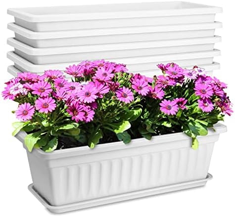6 Packs Window Box Planter, 17 Inches Flower Window Box Rectangular Plastic Vegetable Planters with Trays for Windowsill, Patio, Garden, Balcony, Porch White