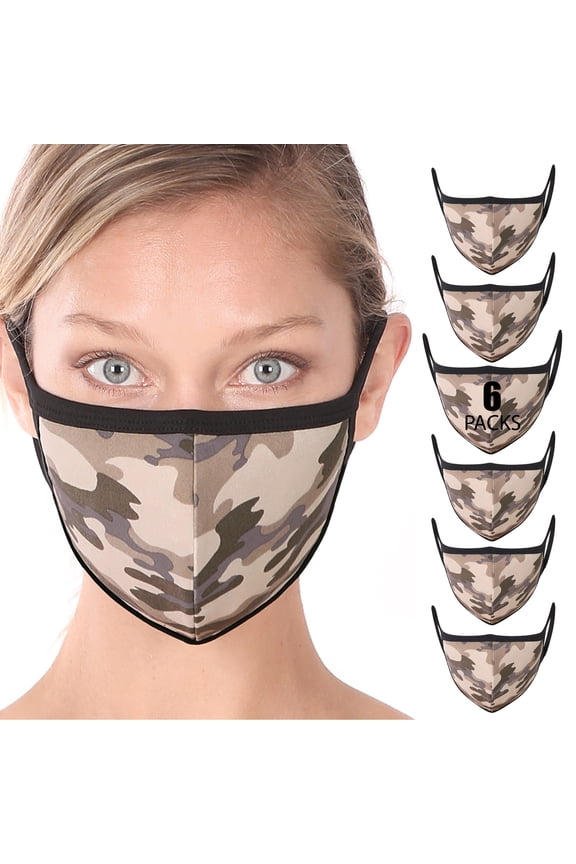 6 Packs of Camouflage Print Fashion Washable Adults Unisex One Size Face Covering Mask - Dusty Camouflage (6 Packs)